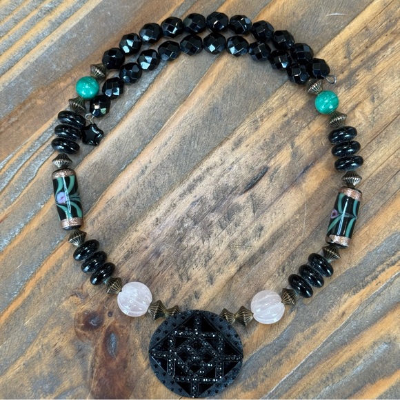 Art Deco Style Black Beaded Choker Rose Quartz Wedding Cake Beads Antique Button - Picture 8 of 11